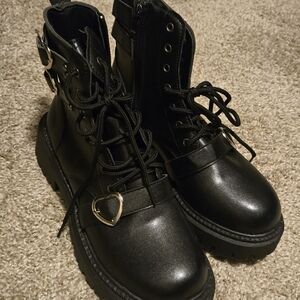 Black Women's Ankle Boots with Heart Detail